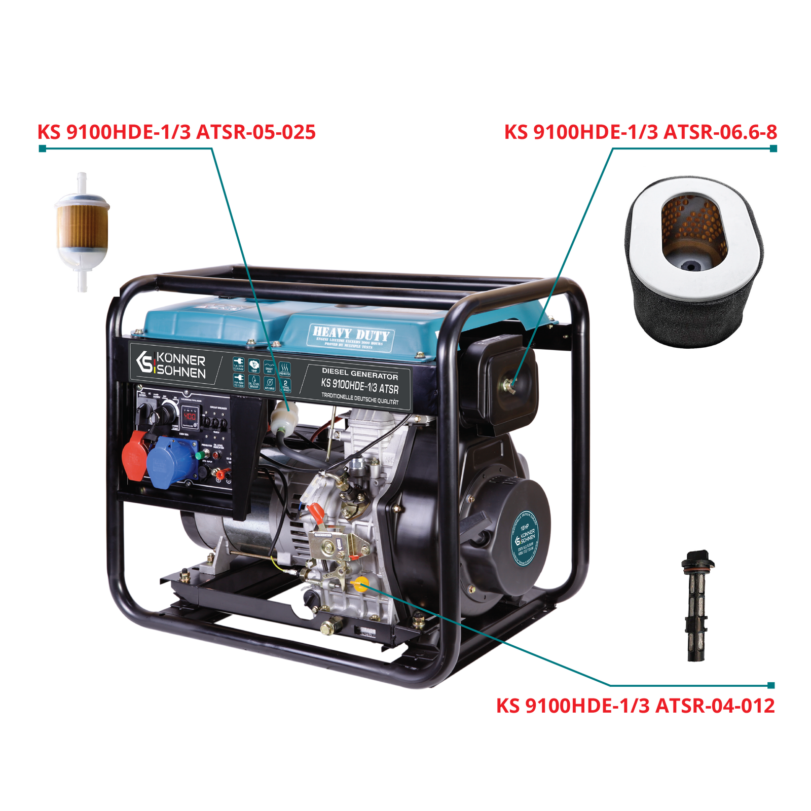 Conjunto de filtros para geradores a Diesel: Filtro de óleo, Filtro de ar, Filtro de gasolina